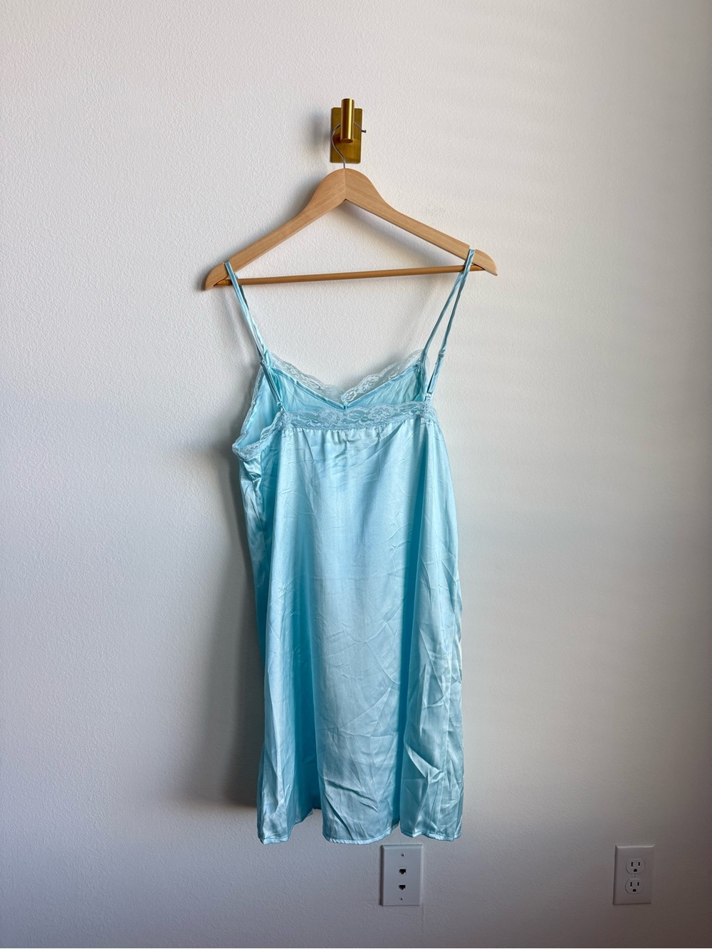 Vintage Satin Slip Dress Nightgown Lace Trim Light Blue Adjustable Straps OS - Picture 7 of 8